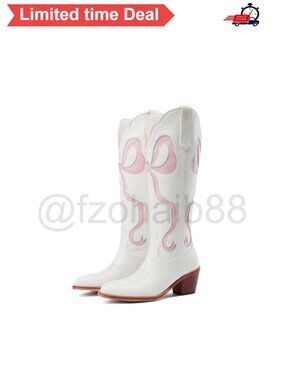 Knee High Cowboy Boots Embroidered Bow Chunky Heel Western Boots